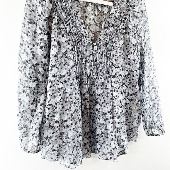 Rebecca Taylor Floral Print Long Sleeve Silk Blend Button Blouse Gray Medium - Picture 9 of 11